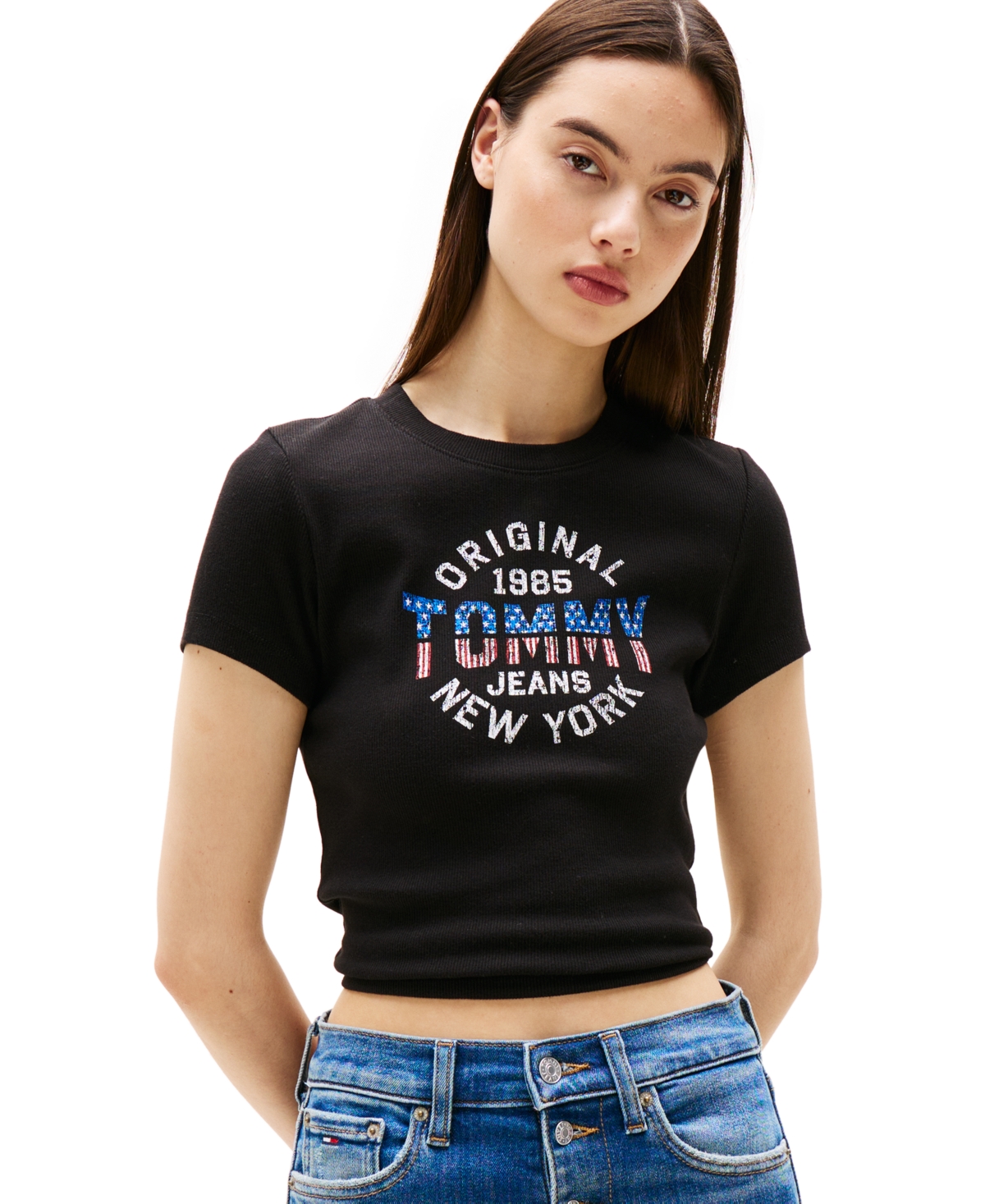 Tommy Jeans Women's Slim-fit Ribbed Americana Graphic T-shirt In Black