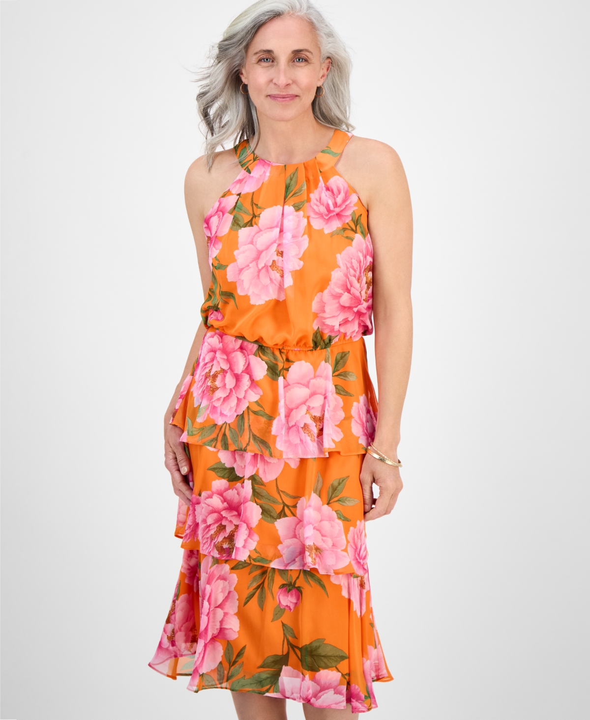 Robbie Bee Petite Tiered Floral-print Halter Midi Dress