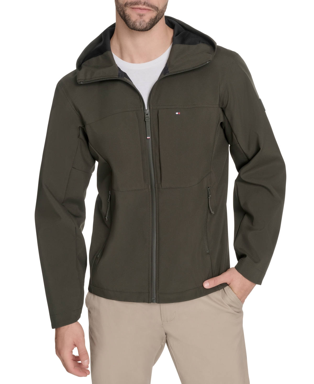Tommy Hilfiger Men's Softshell Rain Hoodie In Olive
