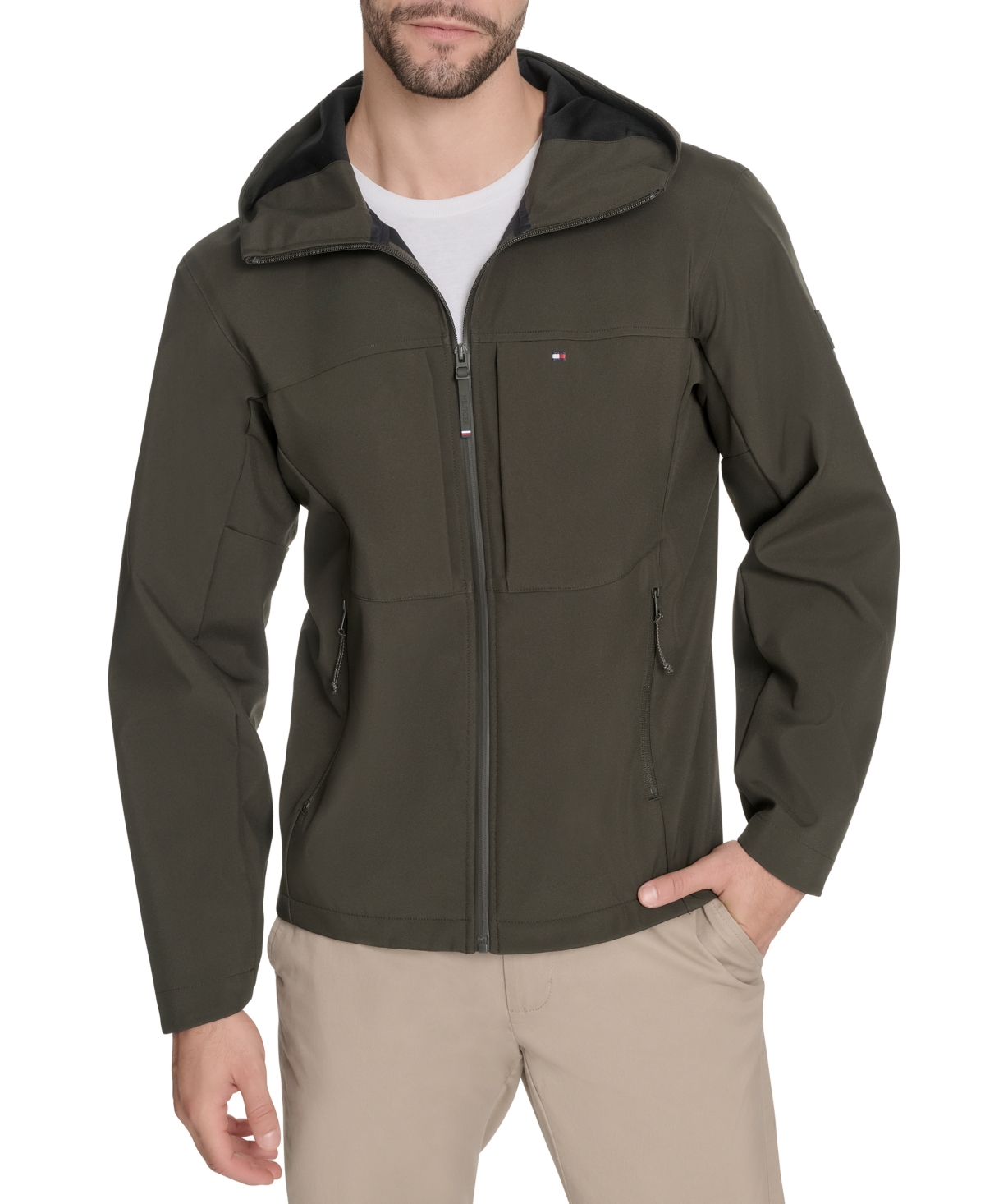 Tommy Hilfiger Men's Softshell Rain Hoodie In Olive