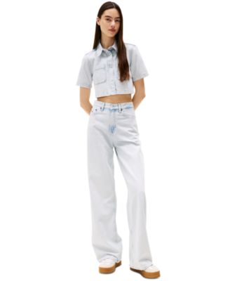 Womens Cropped Denim Shirt Wide Leg Jeans