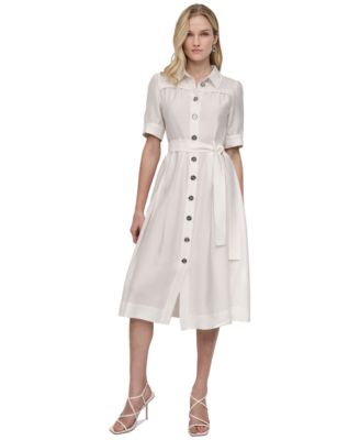 Women's Elbow-Sleeve Belted Midi Shirtdress