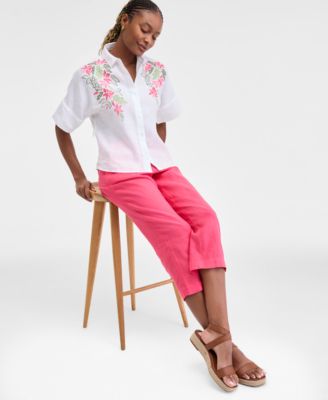 CHARTER CLUB WOMENS EMBROIDERED LINEN SHIRT SOLID CROPPED PULL ON PANTS EXCLUSIVELY AT MACYS 