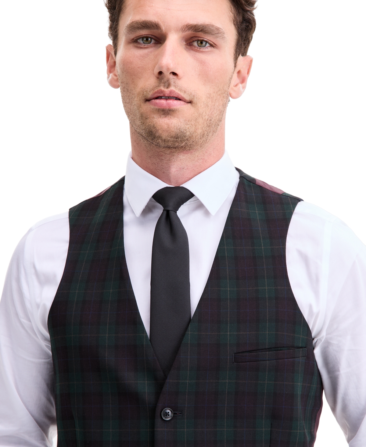 Bar Iii Men's Slim-fit Green & Burgundy Plaid Suit Separate Vest, Macy's Exclusive In Multi