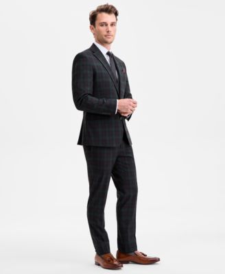 Men's Slim-Fit Green & Burgundy Plaid Vested Suit Separates, Macy's Exclusive