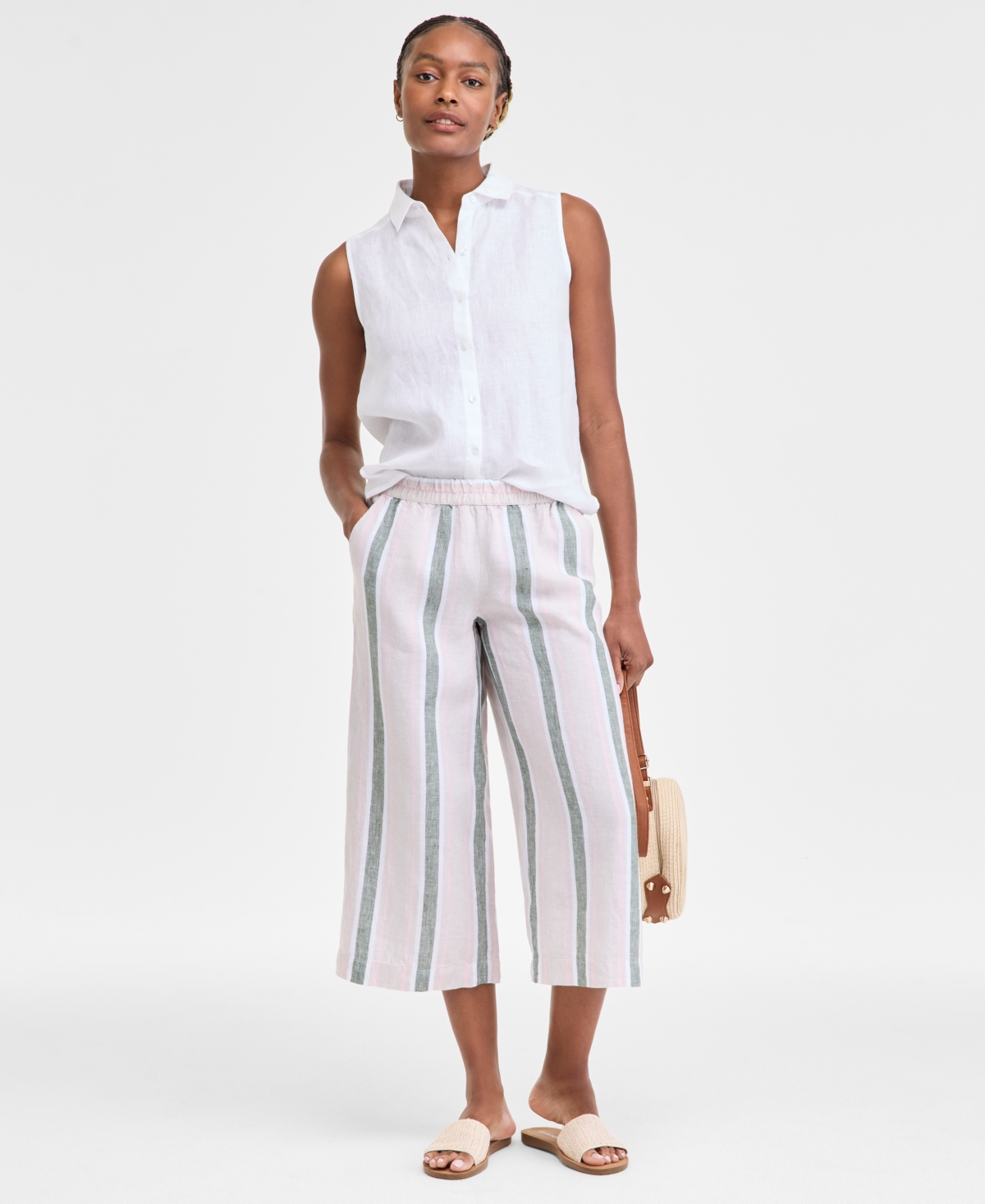 Women's Pull-On High-Rise Linen Pants, Exclusively at Macy's - Neutral Combo