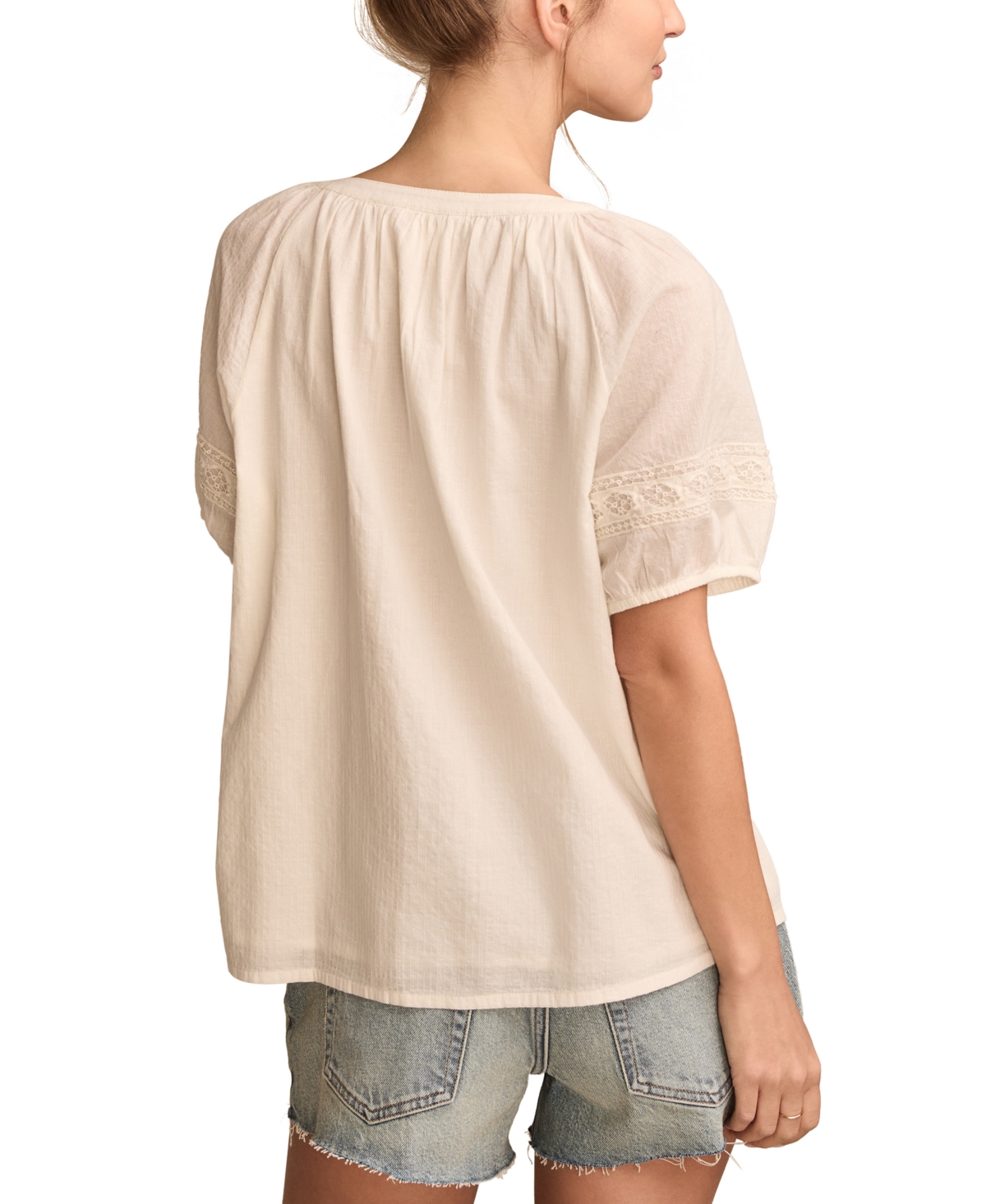 LUCKY BRAND WOMEN'S COTTON LACE INSET SHORT-SLEEVE PEASANT BLOUSE 