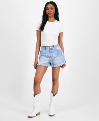 Indigo Rein - Juniors' Paisley-Print Festival Frayed-Hem Denim Mom Shorts