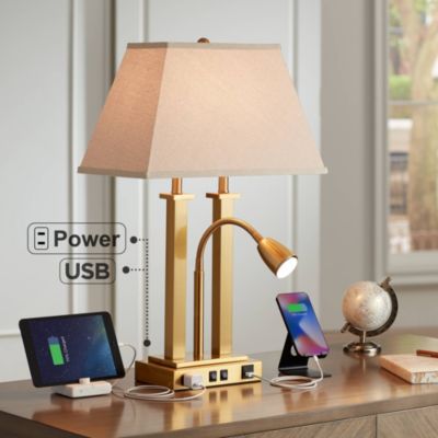 Deacon Modern Desk Table Lamp 26" High Brass with USB and AC Power Outlet in Base LED Reading Light Oatmeal Shade for Office Desk