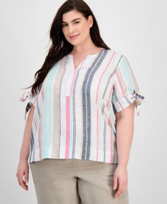 Charter Club - Plus Size Linen Magnolia Striped Tie-Sleeve Blouse