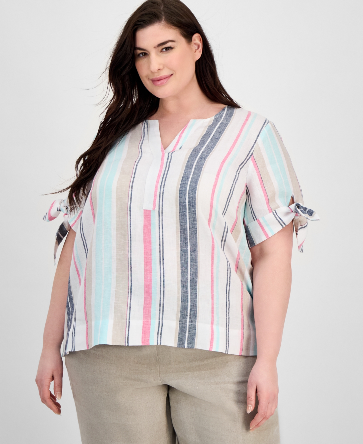 Charter Club Plus Size Linen Striped Tie-sleeve Blouse, Exclusively At Macy's