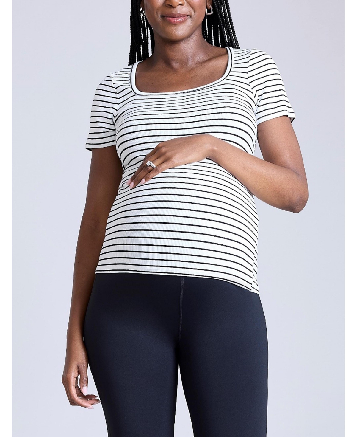 Maternity Square Neck Rib Knit Short Sleeve Top - Motherhood - White  black stripe