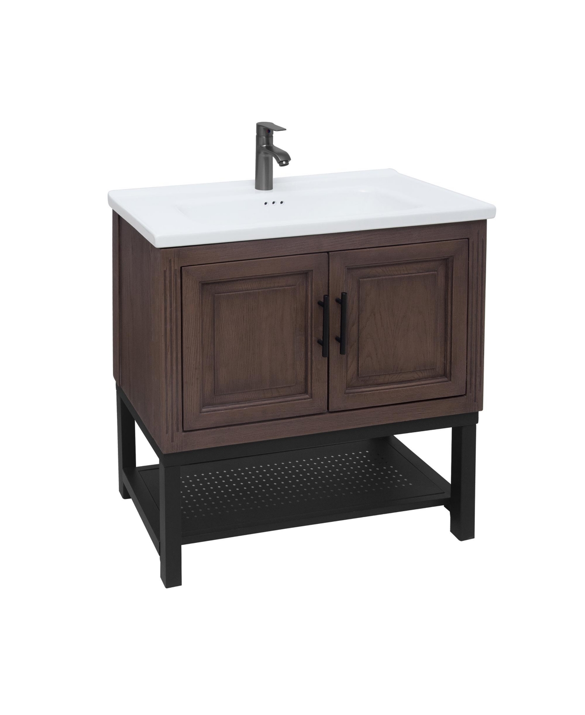 32" Bathroom Vanity with White Ceramic Sink & Faucet,Freestanding Bathroom Cabinet with 2 Storage Doors and Open iron Shelf - Brown