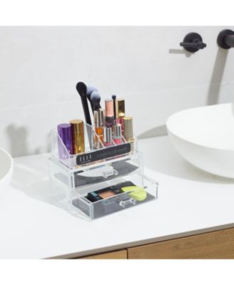 Acrylic Cosmetic Organizer with 2 Drawers & 3 Tiered Compartments, Clear Makeup Storage, Compact Vanity Organizer for Skincare and Makeup Brushes