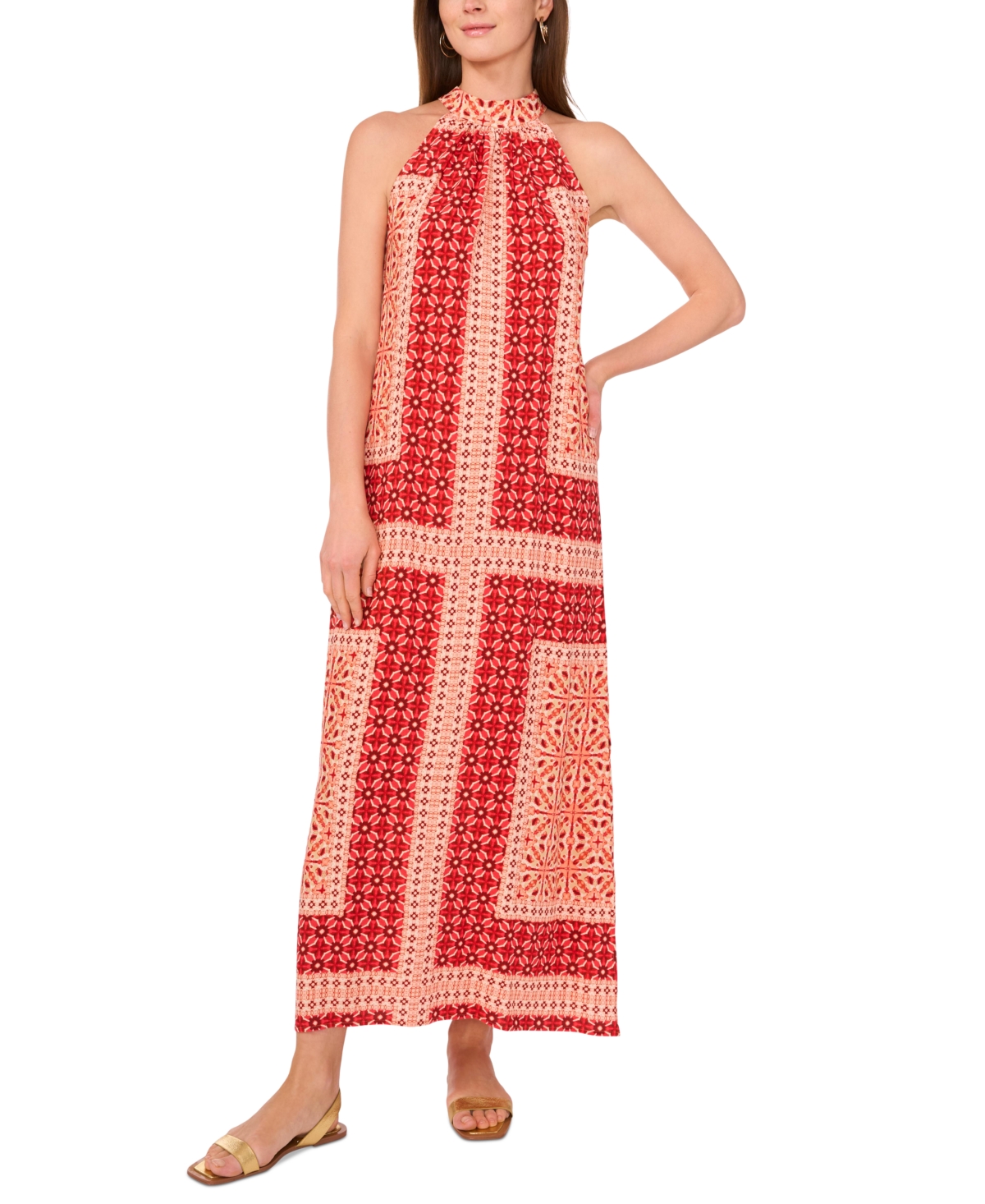 Vince Camuto Women's Tile-print Sleeveless Halter Maxi Dress In Cayenne
