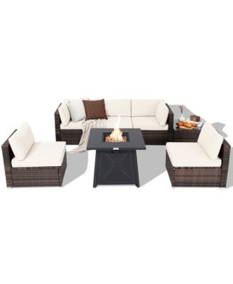 7PCS Rattan Patio Sectional Furniture Set with 30'' Fire Pit Table & Cushion