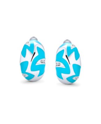 Geometric Blue Enamel Zig Zag Half Hoop Clip On Earrings Silver Plated Brass