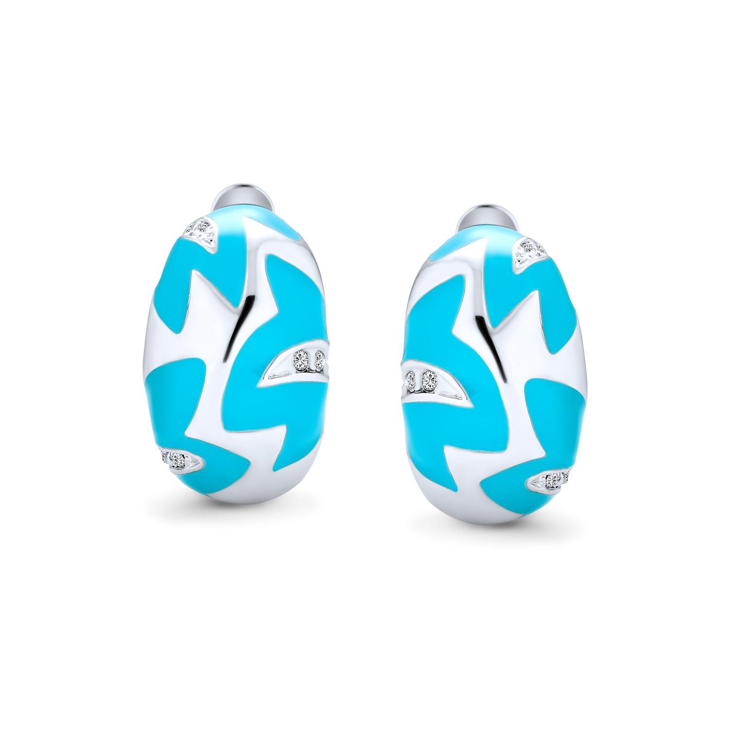 Geometric Turquoise Blue Enamel Zig Zag Clip On Earrings Rhodium Plated