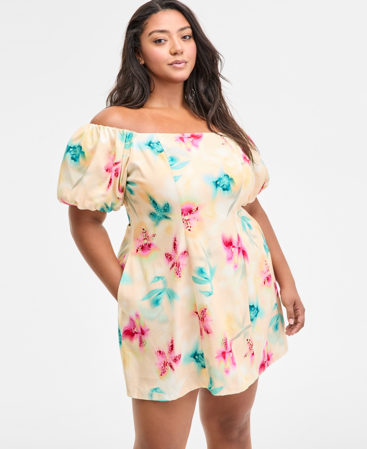 Bar Iii Trendy Plus Size Printed Off-the-shoulder Dress, Exclusively At Macy's