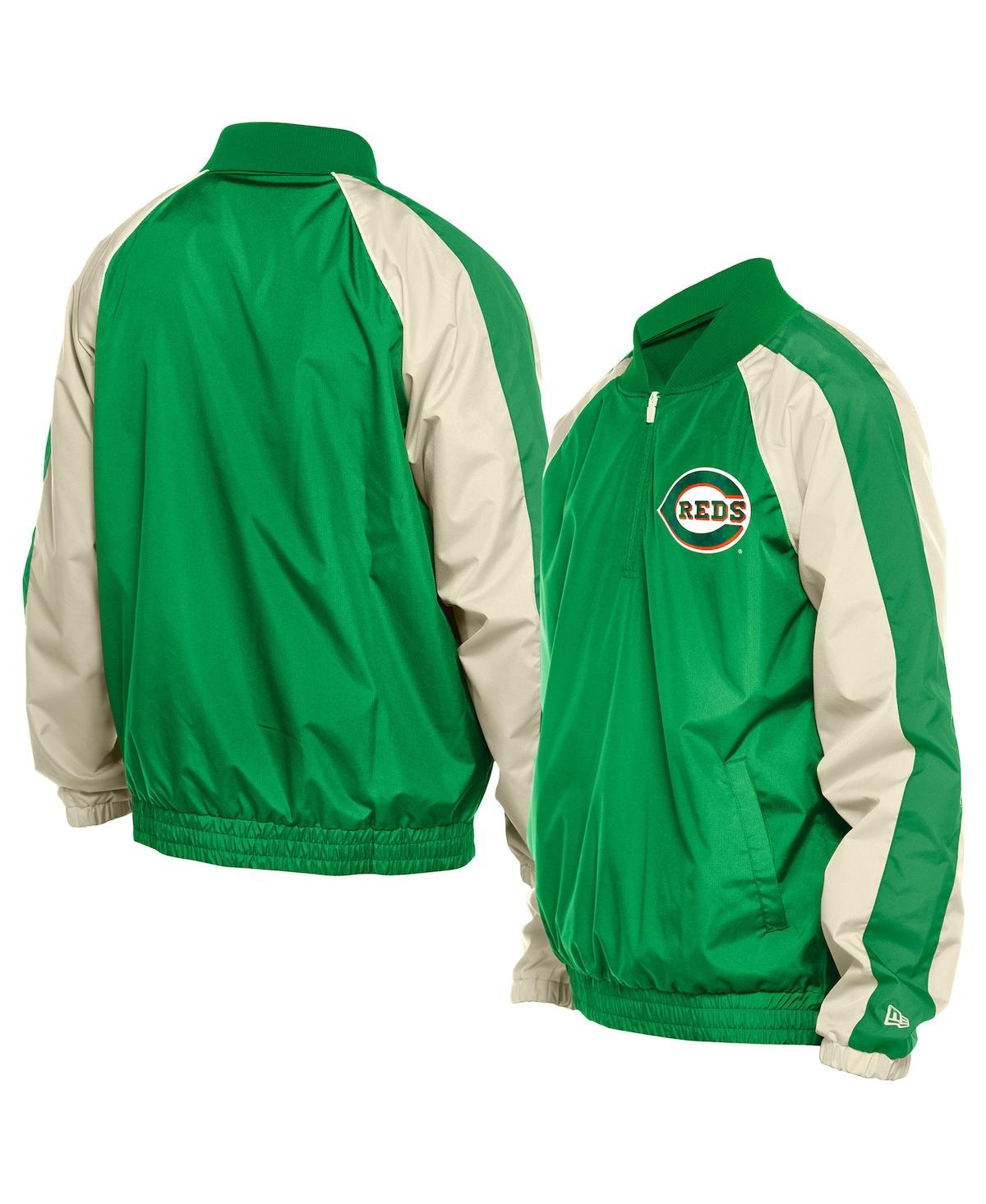 NEW ERA MEN'S KELLY GREEN CINCINNATI REDS RIPSTOP RAGLAN QUARTER-ZIP HOODIE WINDBREAKER JACKET 