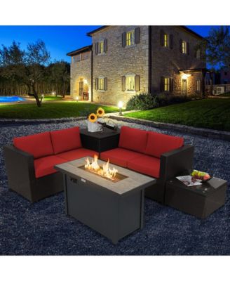 5PCS Patio Rattan Furniture Set Fire Pit Table w/ Cover Storage Cushion