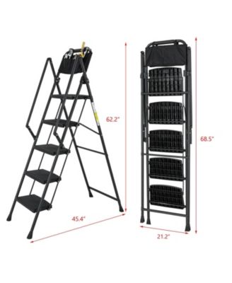 5-Step Foldable Light Weight Wide Anti Slip Pedal and Safety Handle, Sturdy Multi-Purpose Step Ladder with tool bag