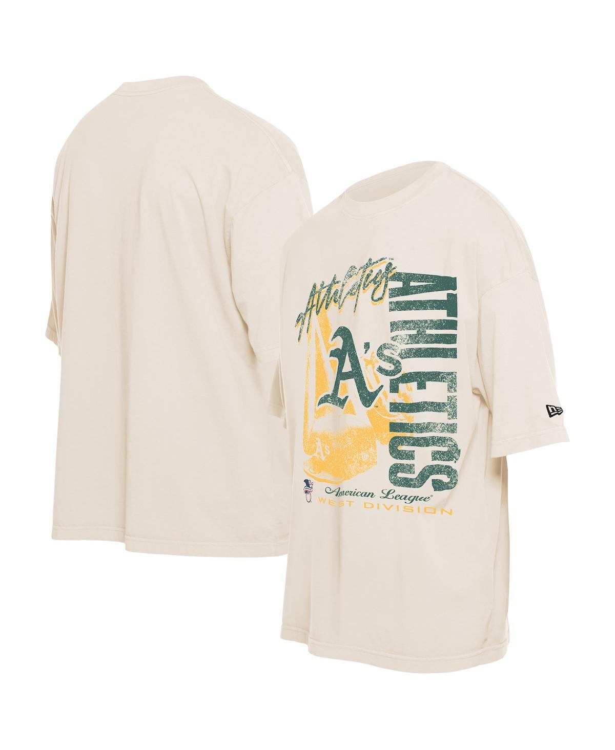NEW ERA MEN'S CREAM ATHLETICS COOPERSTOWN COLLECTION OVERSIZED THROWBACK DISTRESSED T-SHIRT 