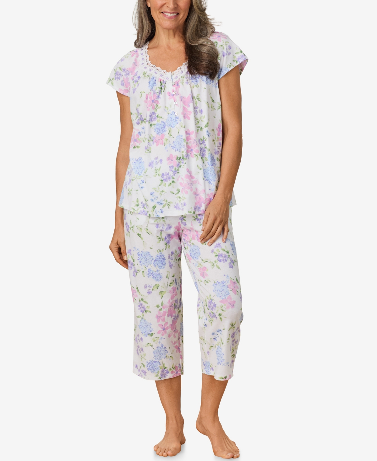 Women's Cap Sleeve Floral Capri Pajama Sets - White floral