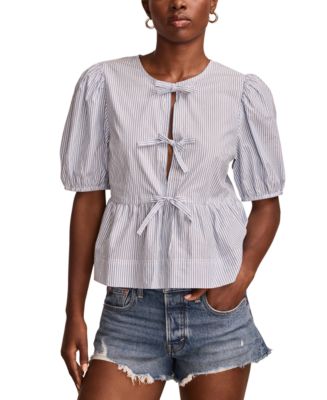 売れ筋商品|||ラッキーブランド カットソー トップス レディース Women's Babydoll Flyaway Cotton Tie-Front Top Blue Stripe Lucky Brand Babydoll Flyaway Cotton Tie-front Top in Gray | Lyst