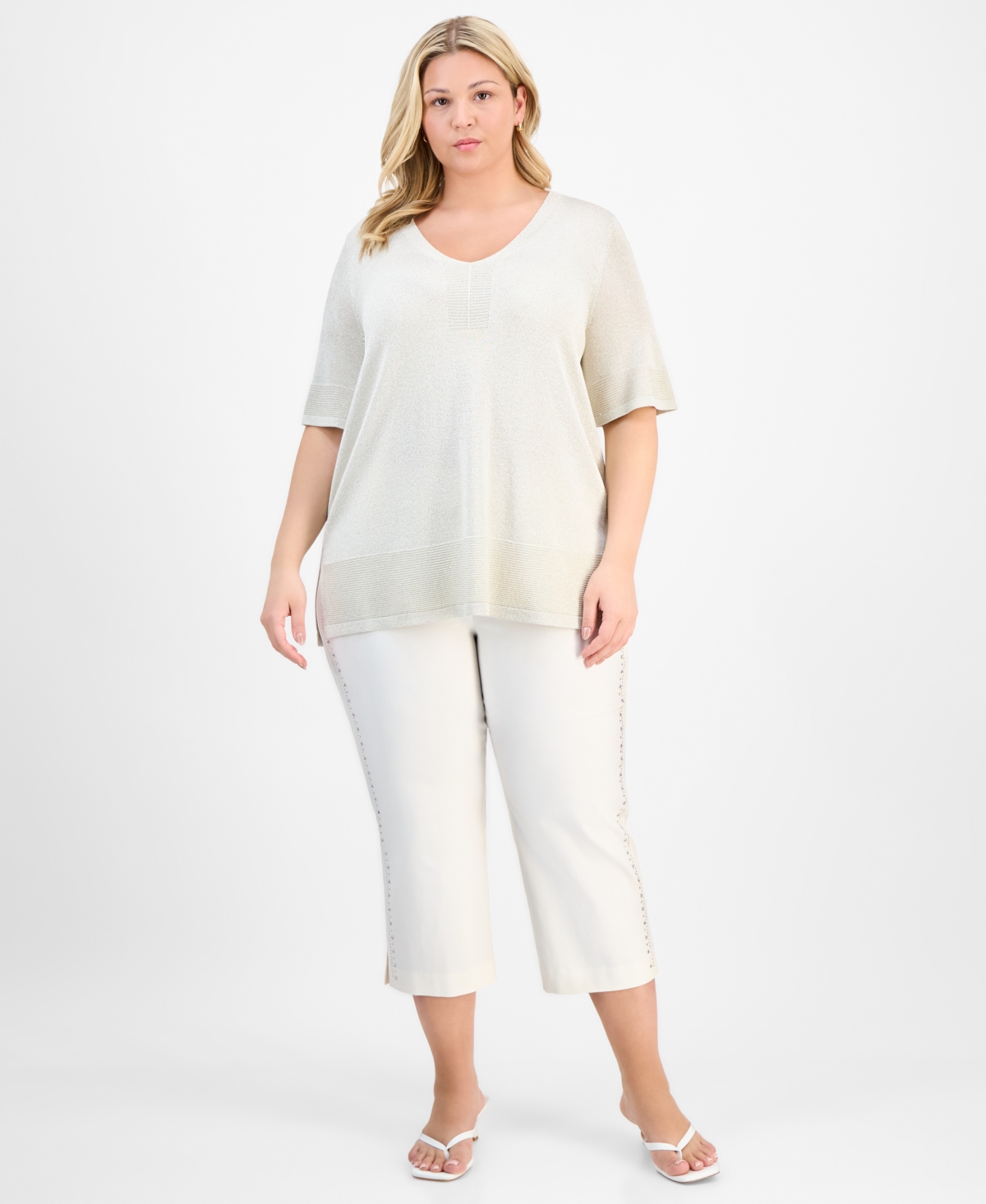 JM COLLECTION PLUS SIZE METALLIC SHINE ELBOW-SLEEVE SWEATER EXCLUSIVELY AT MACY'S 