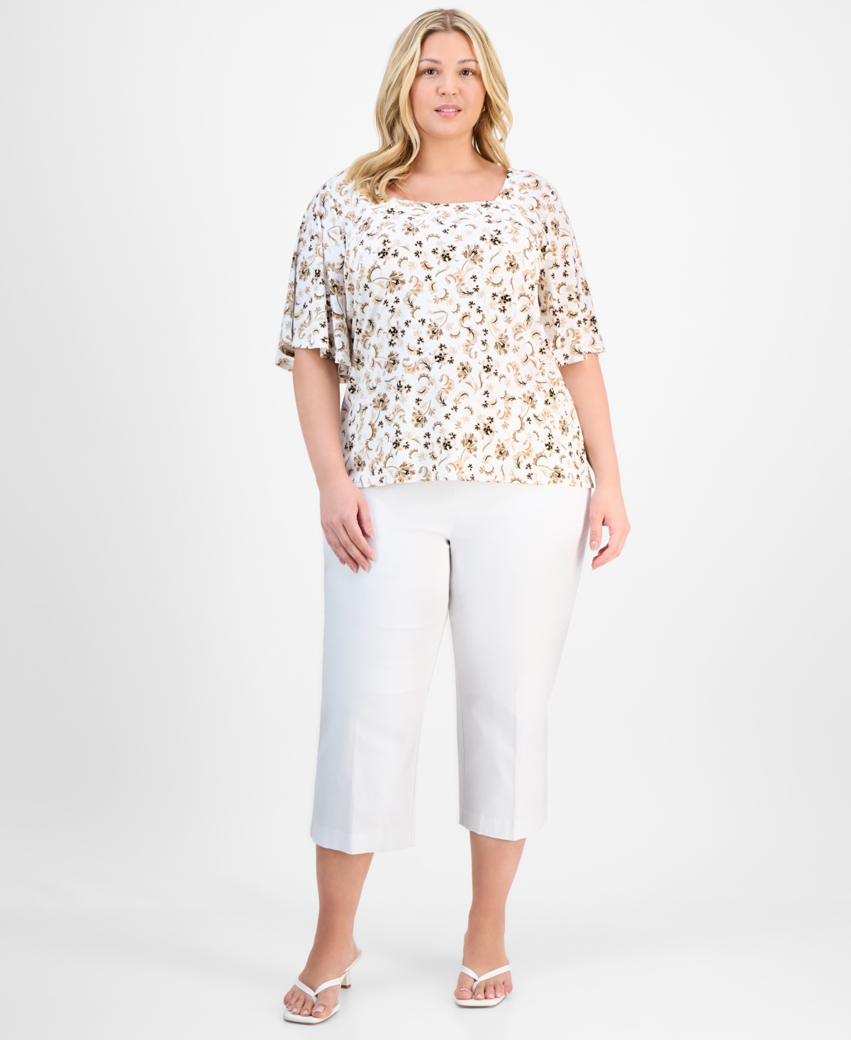 JM COLLECTION PLUS SIZE PRINTED FLUTTER-SLEEVE TOP, EXCLUSIVELY AT MACY'S 