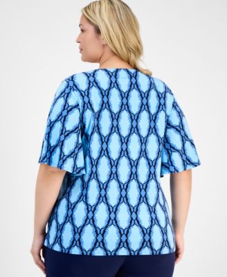 Plus Size Printed Flutter-Sleeve Top, Exclusively at Macy's