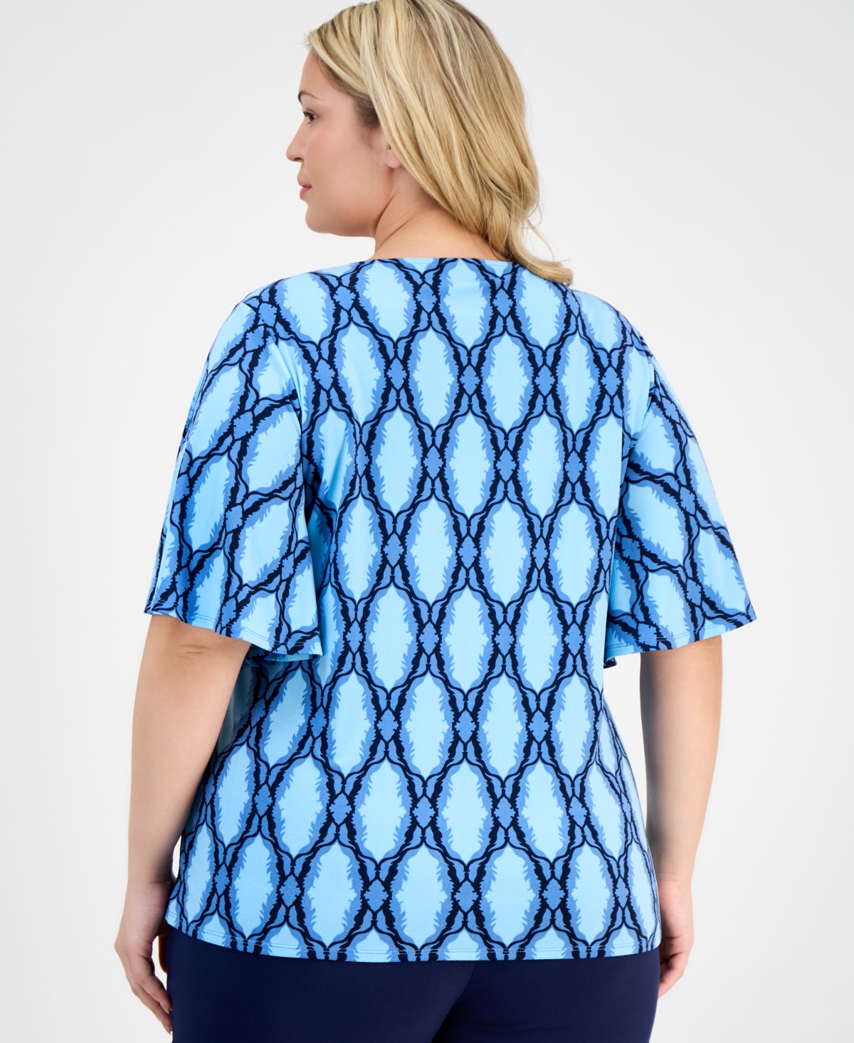 JM COLLECTION PLUS SIZE PRINTED FLUTTER-SLEEVE TOP, EXCLUSIVELY AT MACY'S 