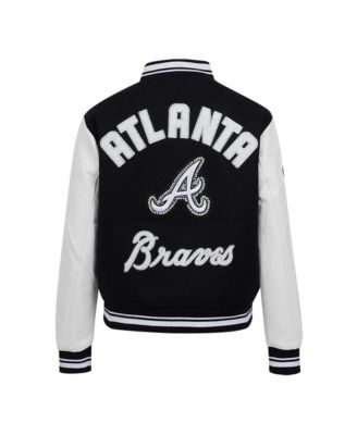 Women's Black Atlanta Braves Cultivated Pearls Rib Wool Full-Zip Varsity Jacket