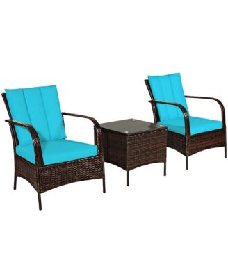 3 PCS Patio Wicker Rattan Furniture Set Coffee Table & 2 Rattan Chair