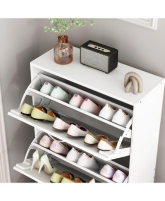 Wooden 3-door white shoe cabinet, shutter door drawers, multi-purpose shoe rack with adjustable shelves
