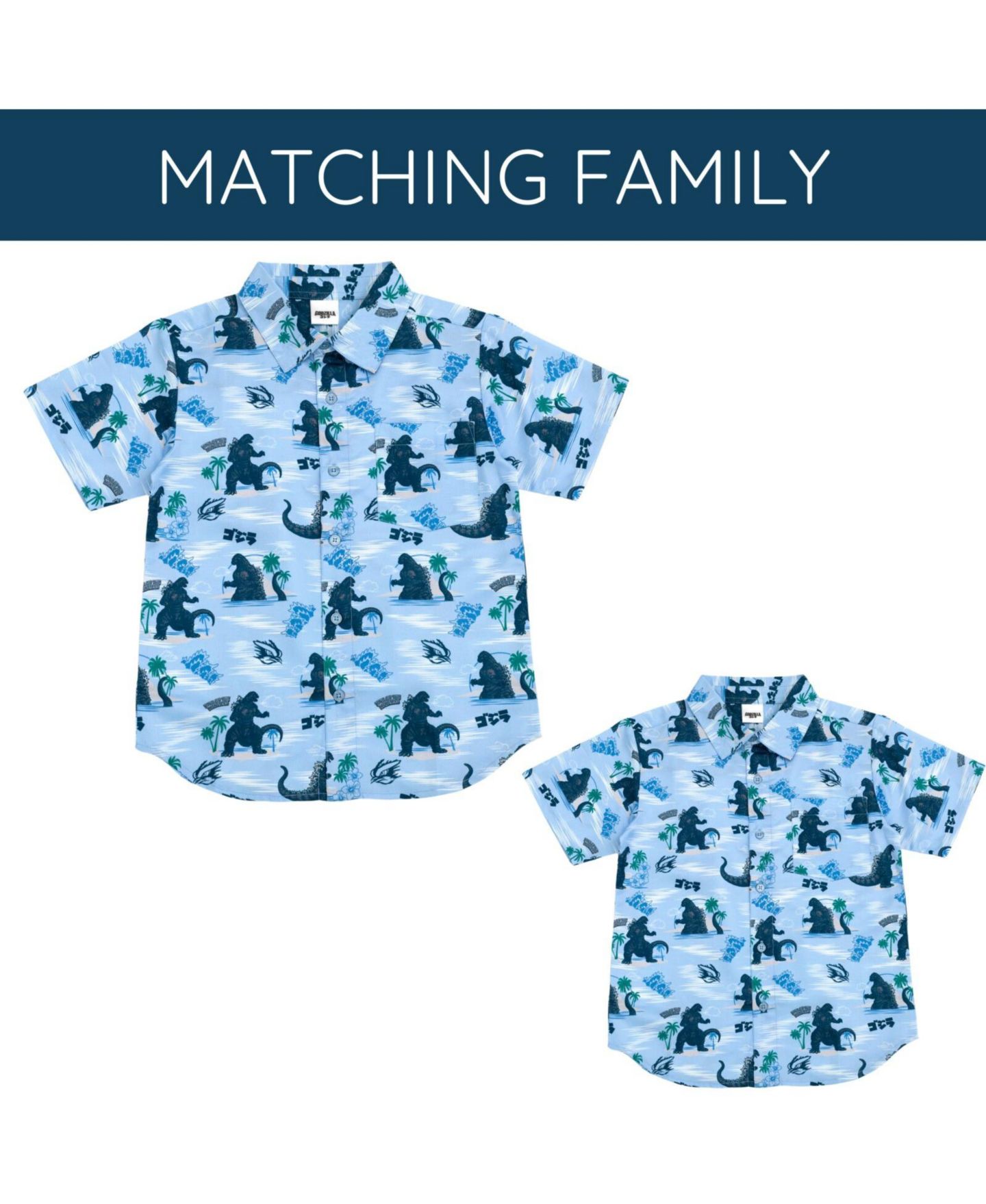 Рубашка Godzilla Matching Family Hawaiian Button Down Dress Shirt для мальчиков, цвет: Синий — фото 3