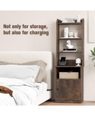 Bedside Tables Tall Nightstands with 5 Open Shelf and Cabinet