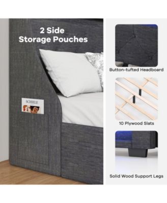 Full Size Bed Frame with LED Lights Wingback Headboard and Charging Station