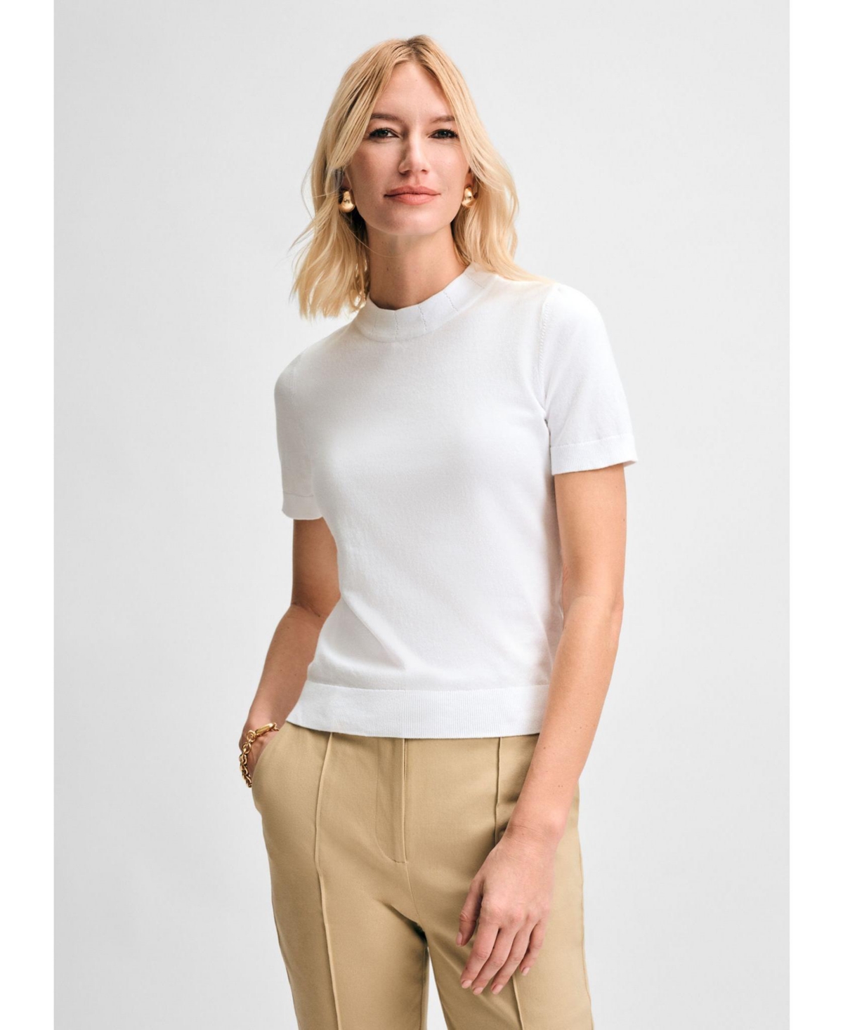 Women's Mock Neck Short Sleeve Sweater Top - White