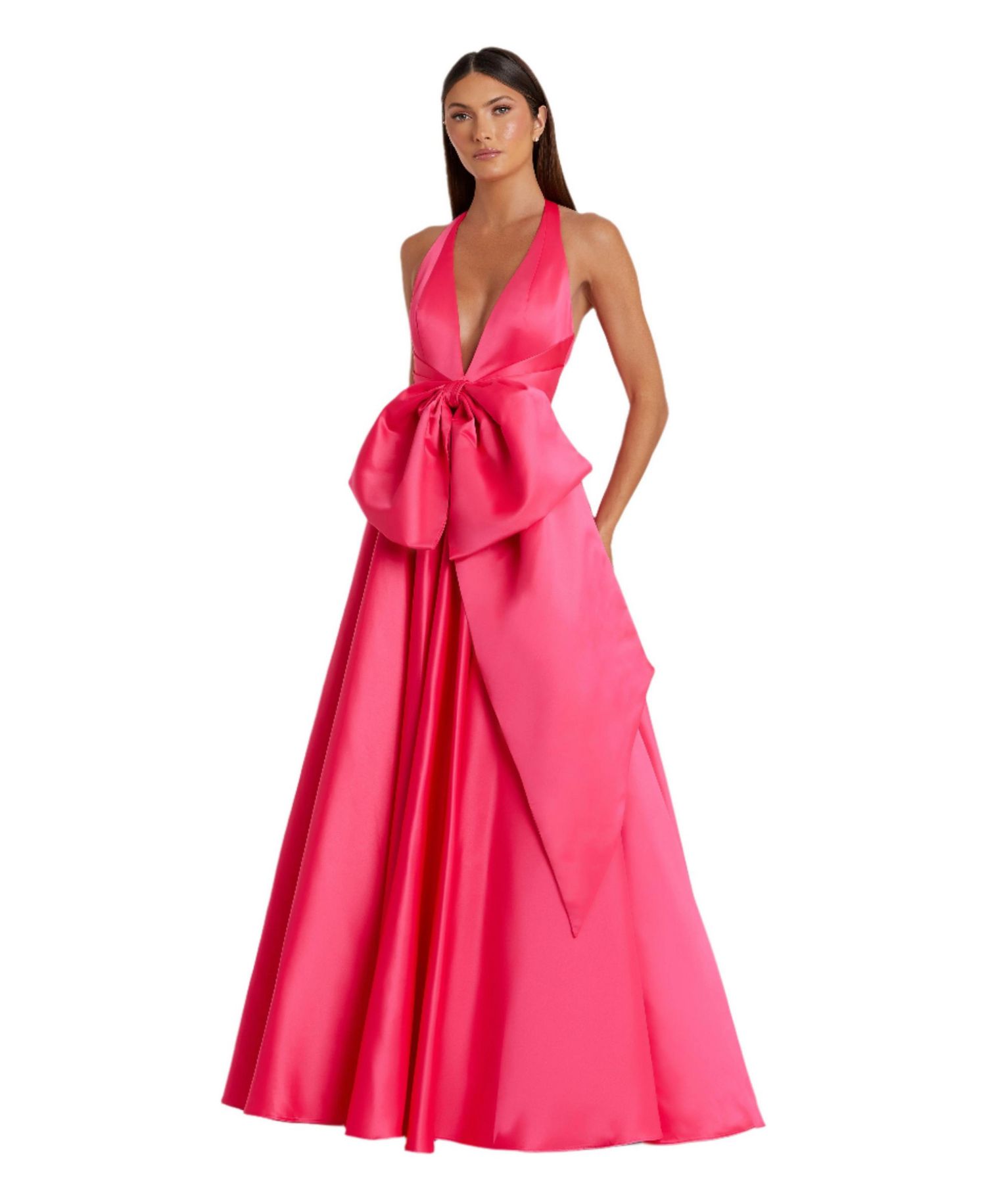 Women's Sleeveless Deep V Satin Gown With Oversized Bow