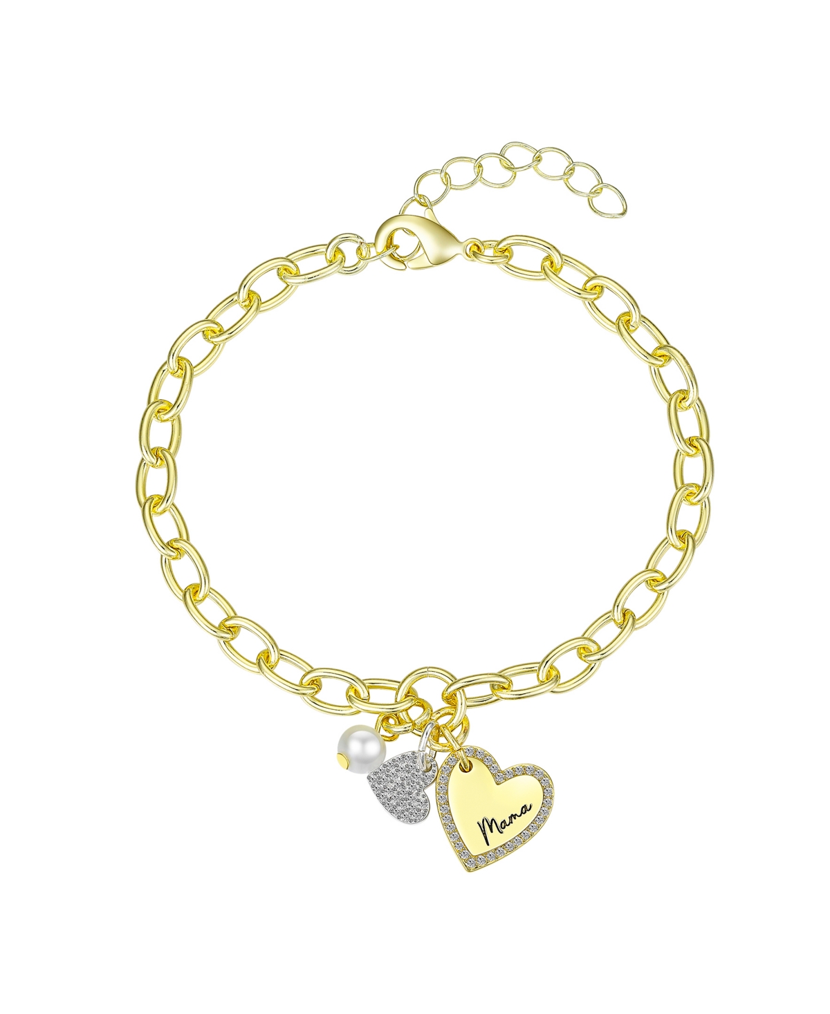 Cubic Zirconia Heart and Mother of Pearl Mama Link Chain Bracelet - Two-Tone