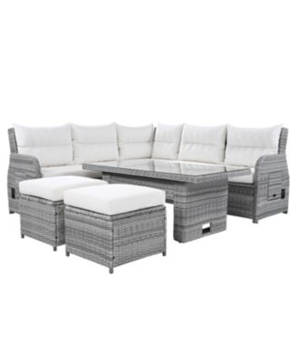 Streamdale Patio Rattan Furniture Set, Adjustable Table, Recliners, Ottomans, Beige