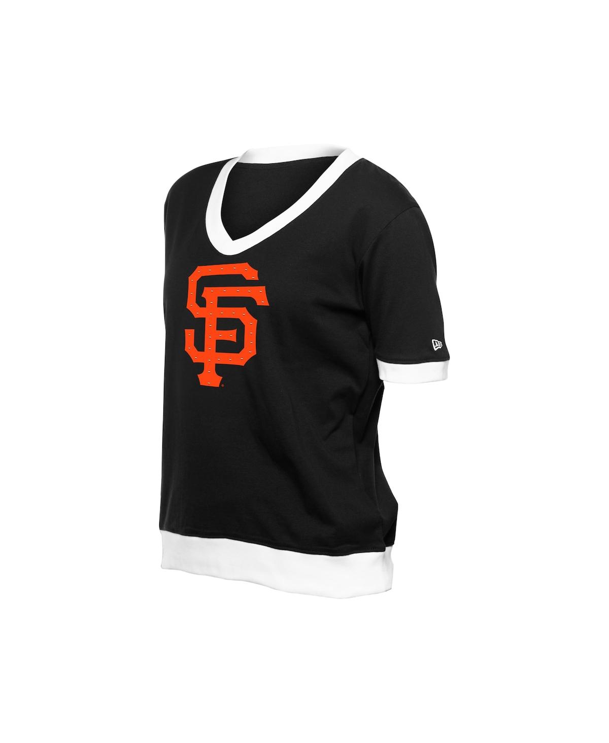 NEW ERA WOMEN'S BLACK SAN FRANCISCO GIANTS GAME DAY RHINESTONE V-NECK T-SHIRT 