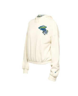 Women's Cream Minnesota Wild Glam Game Quarter-Zip Cropped Floral Hoodie Pullover Top