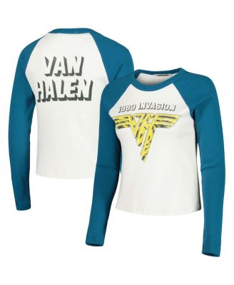 Daydreamer - Women's Cream/Teal Van Halen 1980 World Invasion Tour Shrunken Raglan Long Sleeve Crop Top T-Shirt