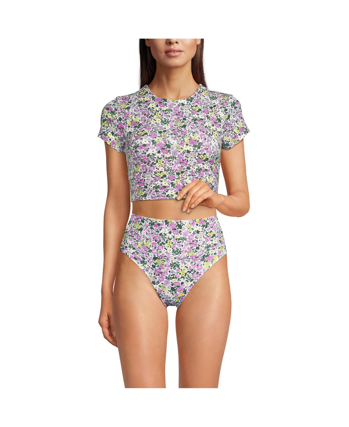 Women's Tugless Cap Sleeve Midkini Top - White multi ditsy floral