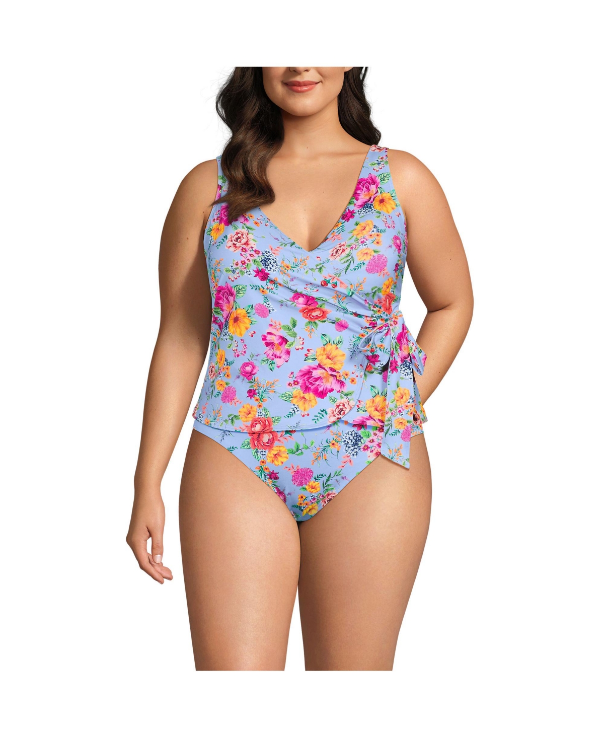 Women's Ddd-Cup Side Tie Tankini Top - Cloud blue romantic floral