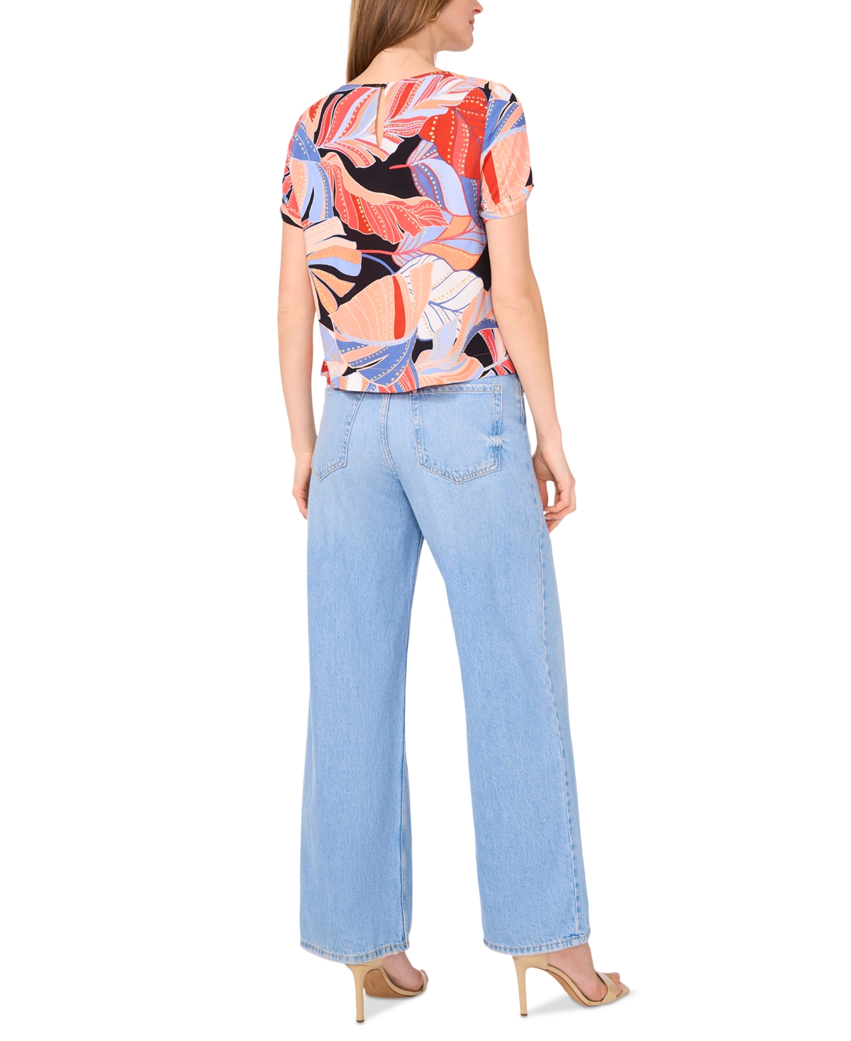 VINCE CAMUTO WOMEN'S TROPICAL-PRINT ROUND-NECK KEYHOLE-BACK CUFF-SLEEVE TOP, XS-3X 