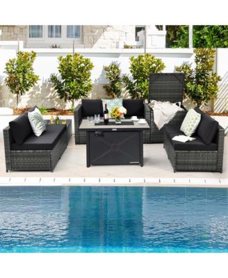 9 PCS Patio Rattan Furniture Set Fire Pit Table Storage Grey W/ Cover